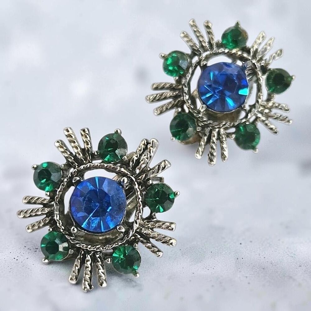 Vintage Weiss Peacock Blue Green Rhinestone Clip On Earrings Starburst MCM 1"